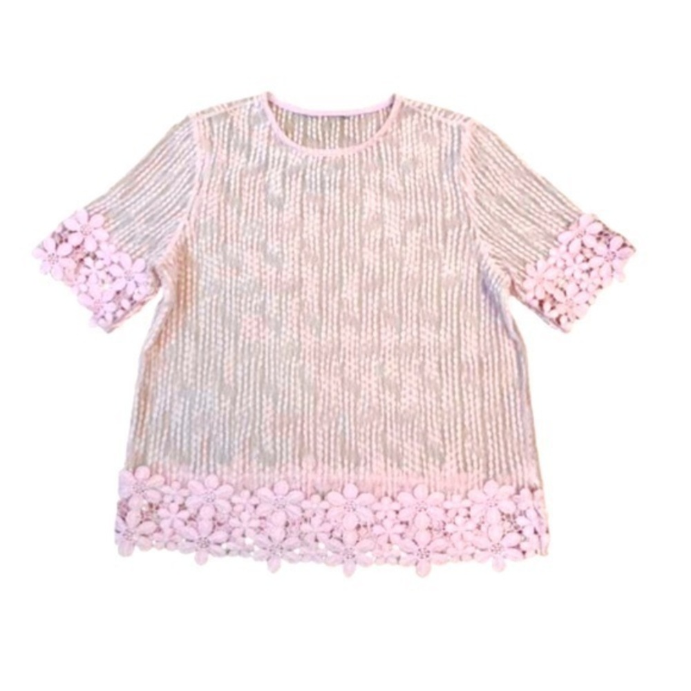Elegant Pretty Pink Floral Trim Sheer Top. Size small (4-6). Excellent condition